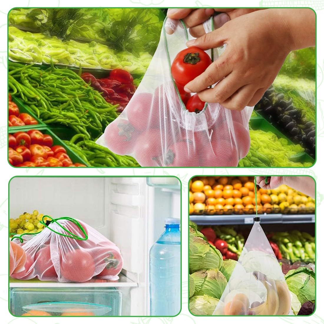 15 Sacchetti In Rete Riutilizzabili Ecologici - 3 Dimensioni (20x30, 35x30, 43x30 Cm) Per Frutta, Verdura, Giocattoli E Spesa, Senza BPA
