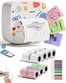 Sticker Printer Print Pod, Mini Portable Printers with 8 Rolls Paper, Inkless Sticker Maker Bluetooth Pocket Printer for Organization,DIY,Crafts,Journal,Study,Work,Label Compatible Phone&Tablet White