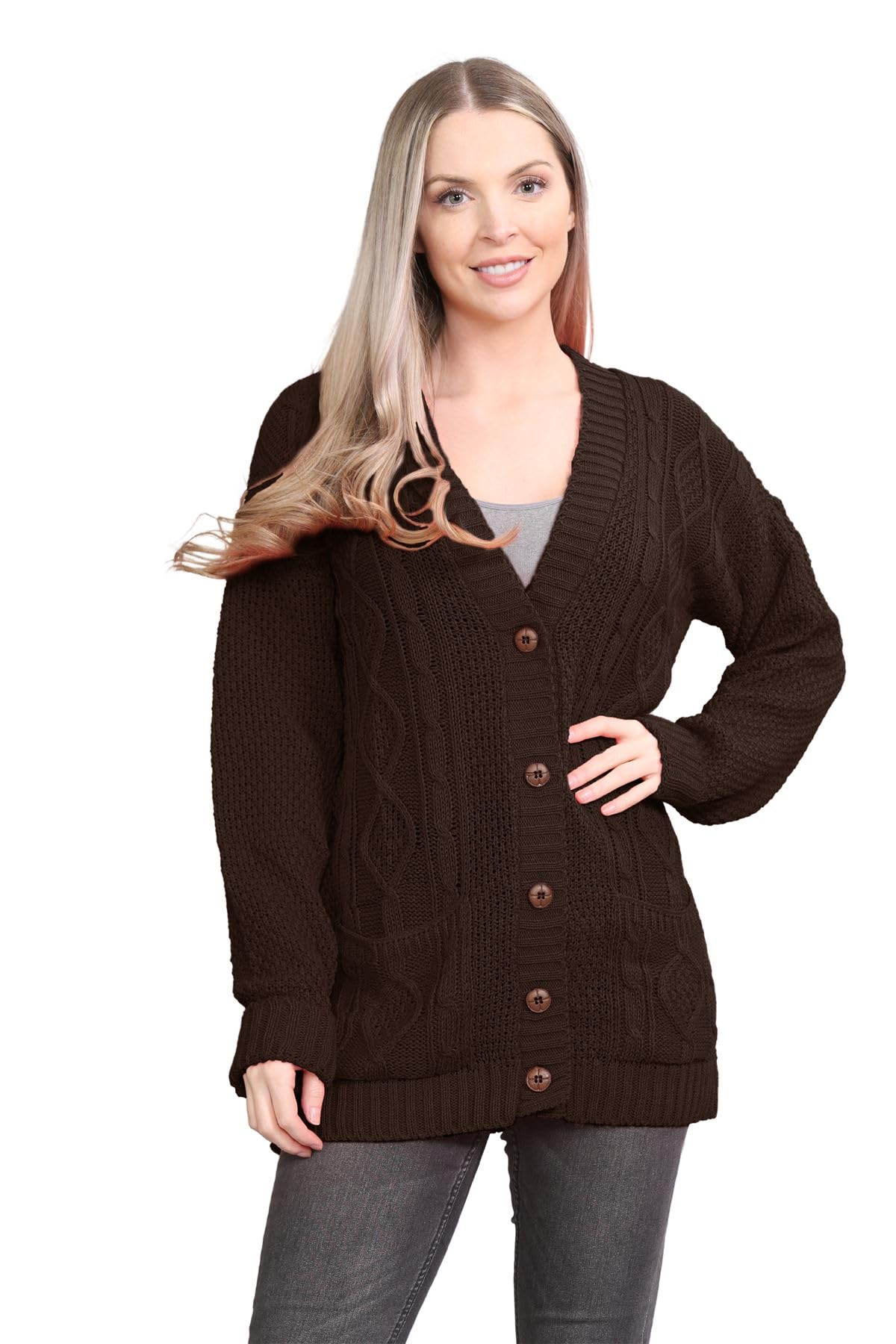 Janisramone Women's Chocolate Janisramone® Long Sleeve Chunky Cardigans For Uk, V Neck Button Up Cable Knit Cardigans, Warm Winter Long Jumpers Top For Casual And Daily Knitwear Cardigan