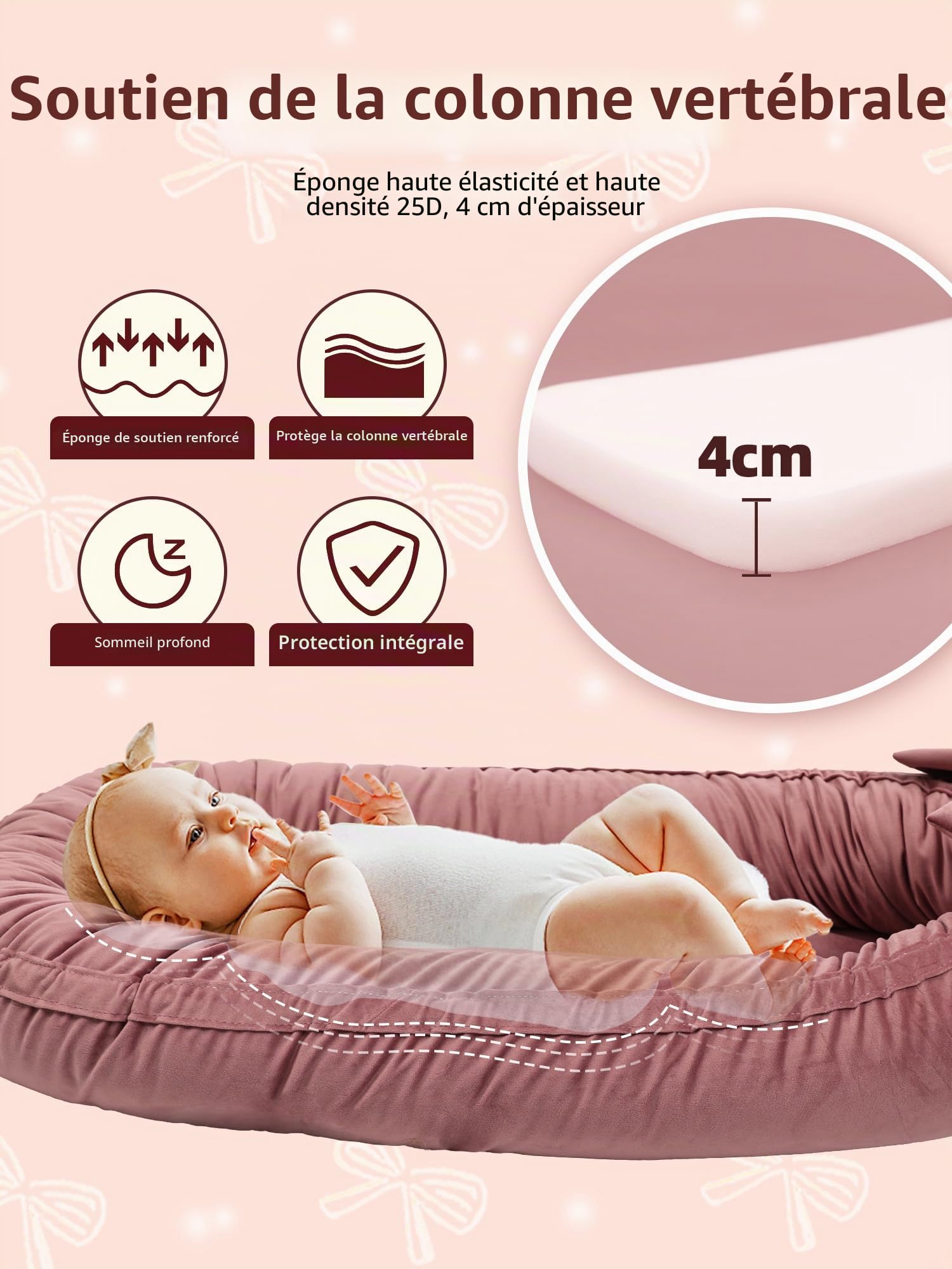 EAQ Reducteur de Lit Bébé, Baby Nest Cocoon Lit pour Nouveau-né Nourrisson et Bébé, Couffin de voyage portable, Couverture Amovible et Lavable (Vieux Rose)