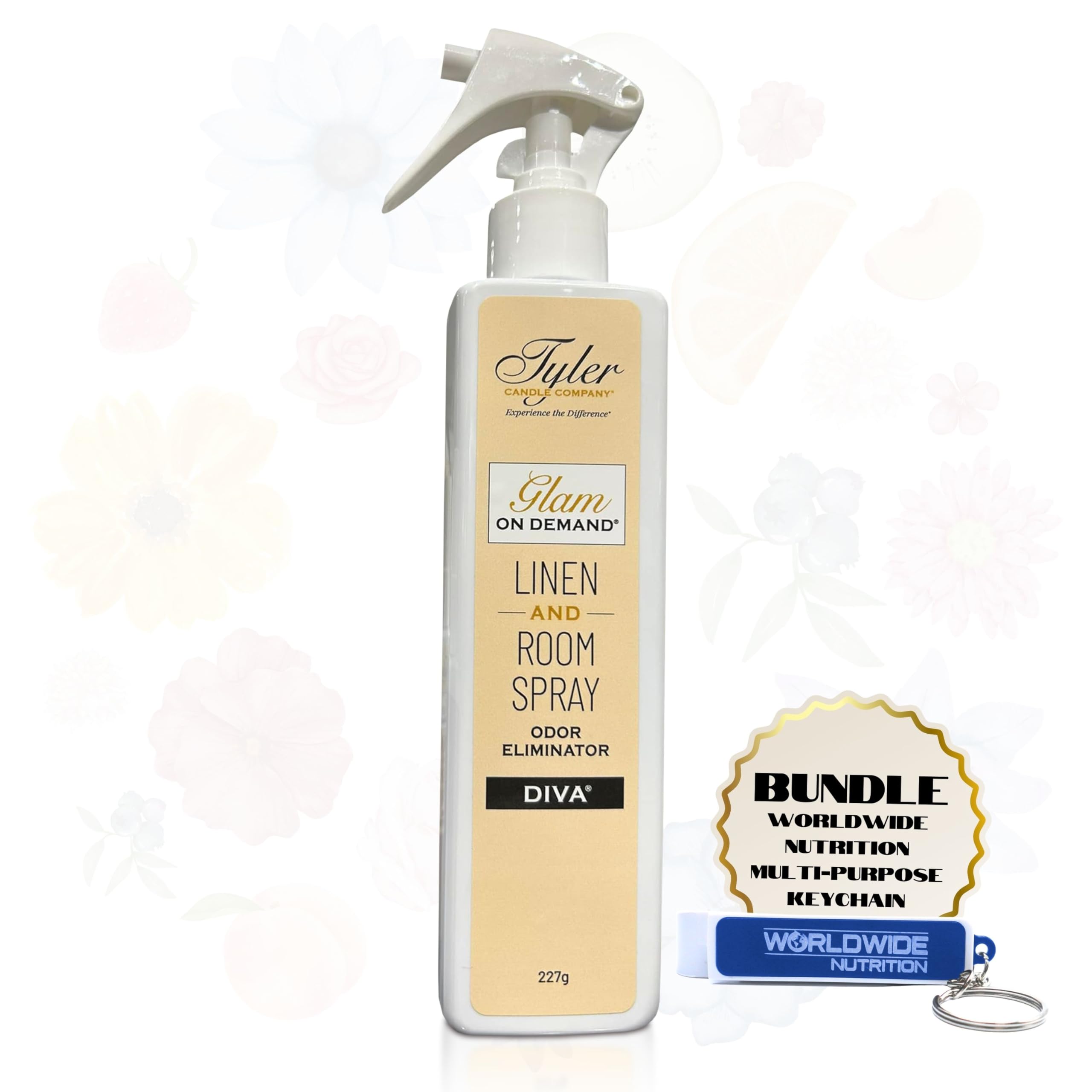Worldwide Nutrition Bundle Compatible with Tyler Glam On Demand Diva Linen and Room Spray Odor Eliminator 8oz - Dual-Use Linen & Room Freshener for Home, Linen & Car - 227g Bottle with Keychain