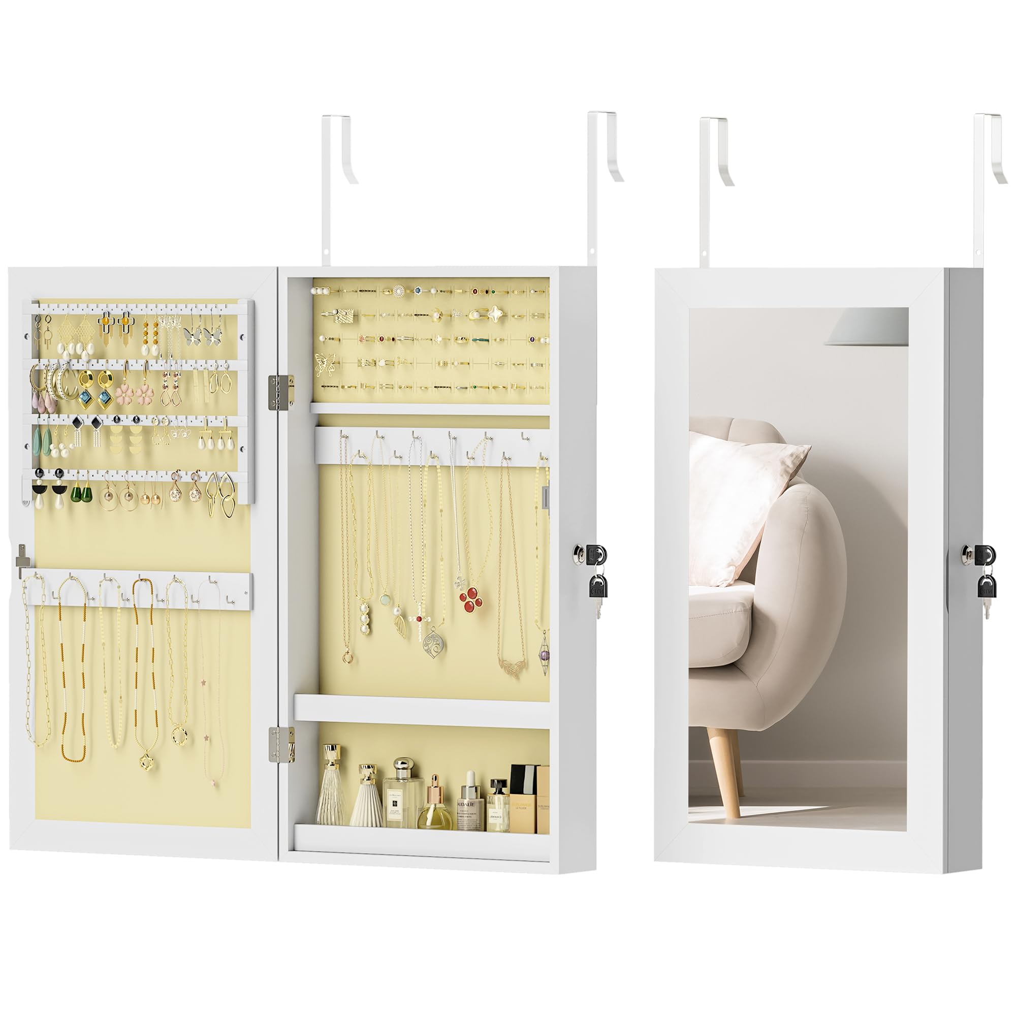 HOMCOM Espejo Joyero de Pared Armario para Joyas con Cerradura y Varios Compartimentos Montar en Pared o Puerta para Pendiente Collar Anillo Pulsera Blanco y Forro Crema