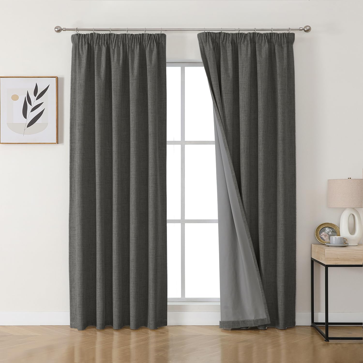 Joydeco 100% Blackout Curtains Bedroom 52 x 84 Inch Drop, Faux Linen Pencil Pleat Thermal Insulated Drapes with Coating Back Layers for Room Darkening Privacy Protection, 2 Panels, Grey