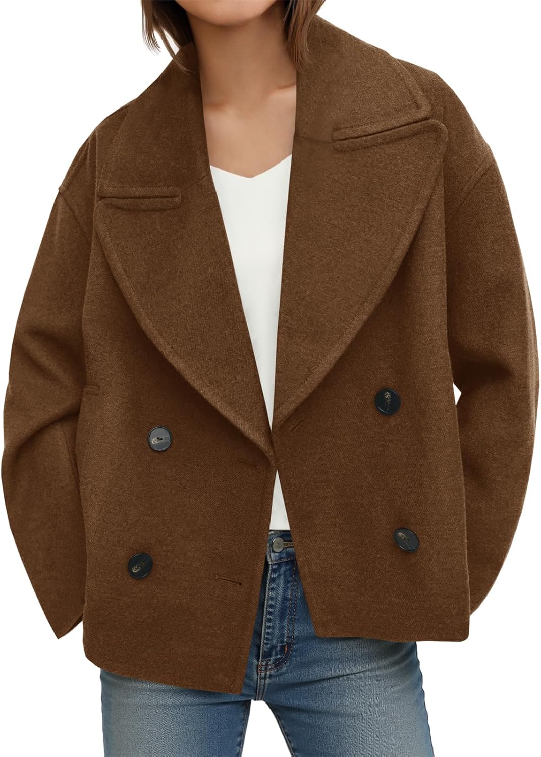 Tankaneo Womens Cropped Wool Blend Pea Coat Casual Long Sleeve Double Breasted Notched Lapel Overcoat Jackets