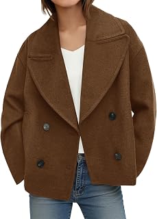 TANKANEO Women's Cropped Wool Blend Pea Coat - Double Breasted Notched Lapel Long Sleeve Casual Overcoat Jacket
