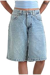 Women Baggy Denim Bermuda Shorts Y2k Vintage Straight Leg Denim Shorts Casual Knee Length Jean Jorts with Pockets
