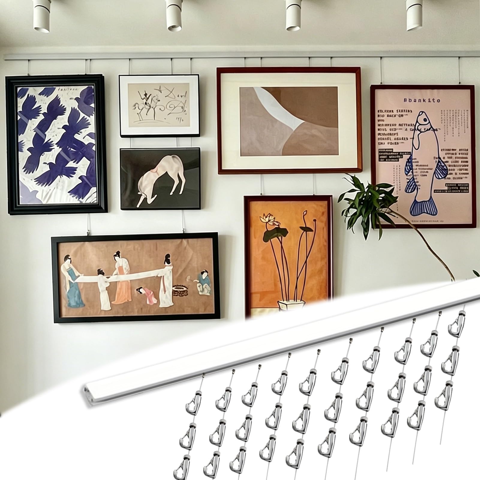 Cimaise pour Tableau Rail de Suspension avec Câble de 3 m et Crochets Multiples, Système d'accrochage Mural Moderne et Ajustable pour Tableaux, Rails d'affichage Photo(2pcs-9.8'/3mCab,24"/60cmTrk)