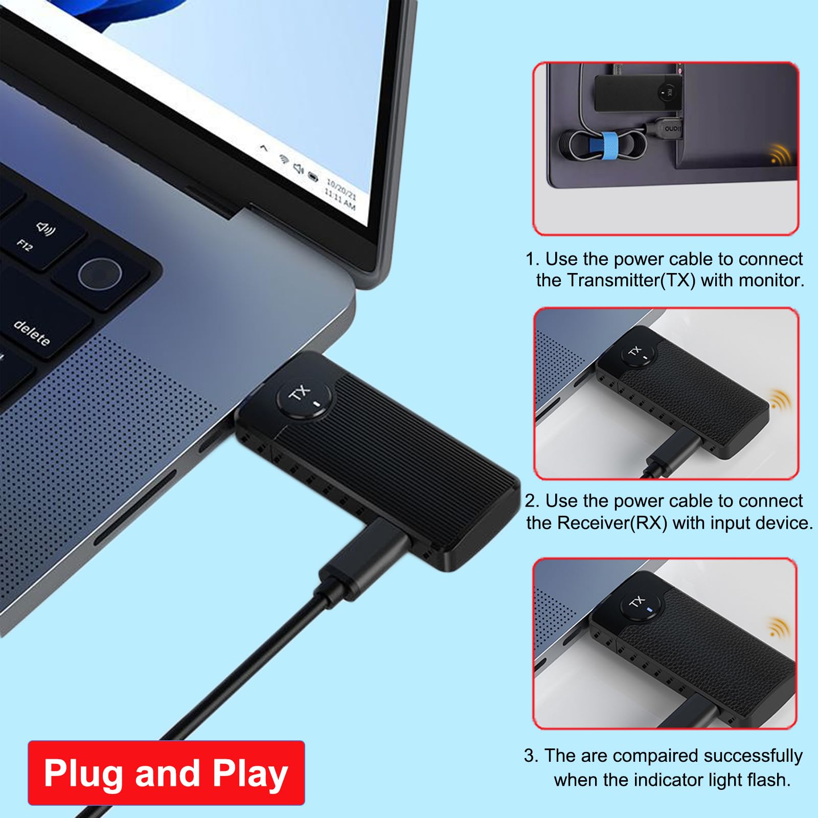 Transmisor y receptor HDMI inalámbrico, extensor HDMI de 165FT/50m, decodificación 4K y salida 1080P, portátil plug&play de 5G+2.4G para transmitir video y audio a un monitor desde laptop/PC/TV Box