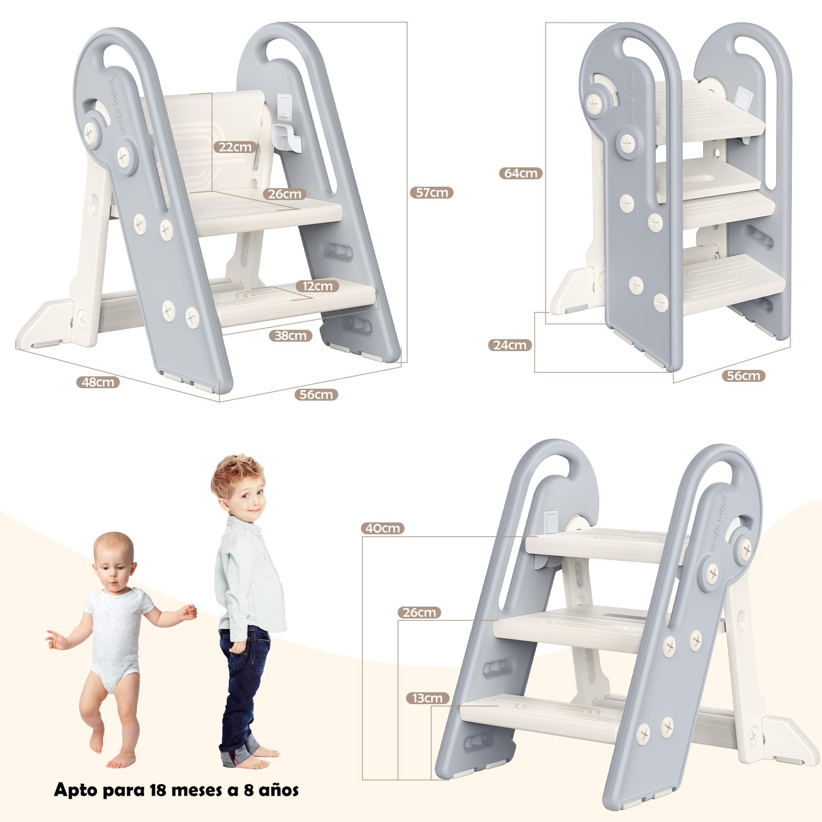 Onasti Taburete Niños Plegable, Escalon Infantil, Escalón Ajustable de 2 a 3 Niveles, Multifunción, Antideslizante, para Baño, Cocina, Inodoro y Lavabo(Gris Blanco)