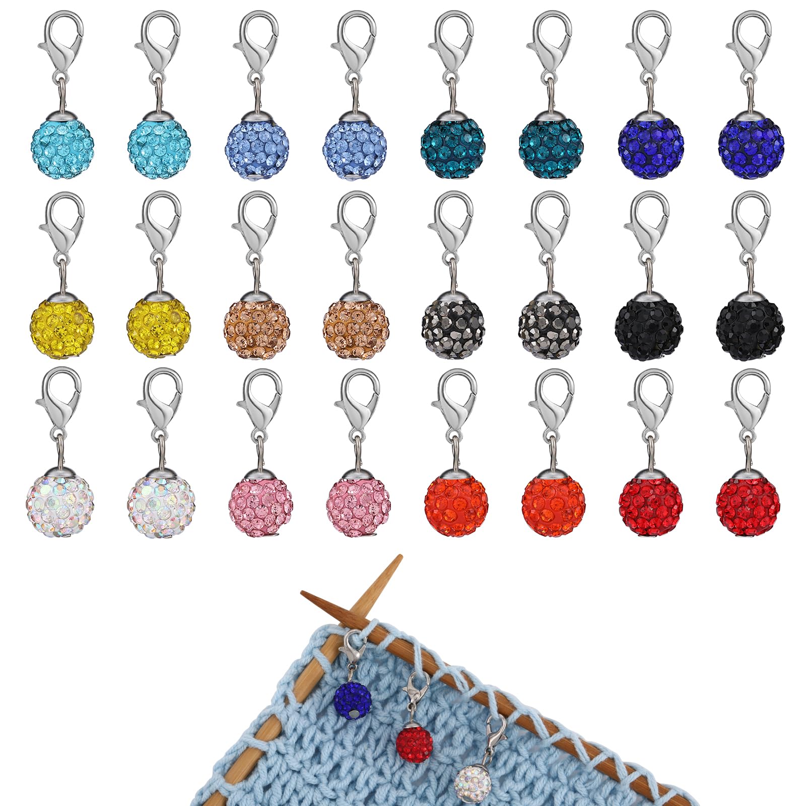 COGCHARGER 24Pcs Polymer Clay Rhinestone Stitch Markers Removable Crochet Knitting Markers with Lobster Clasp Charms for Sewing Knitting Weaving Accessories DIY Craft