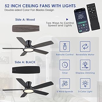 BYKISTOK Flush Mount Ceiling Fan with RGB Light - 52In Black