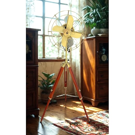 NautiKraft Vintage Brass Fan with Wooden Tripod Stand 147 cm