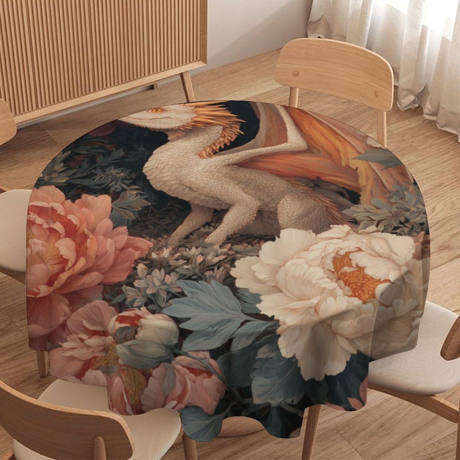 LUYYSKY Classic Vintage Cute Dragon Waterproof Round Tablecloth Beautiful Abstract Fantasy Animal Dragons Plants Floral Pattern Washable Table Cover for Kitchen-127 Wx127 L cm