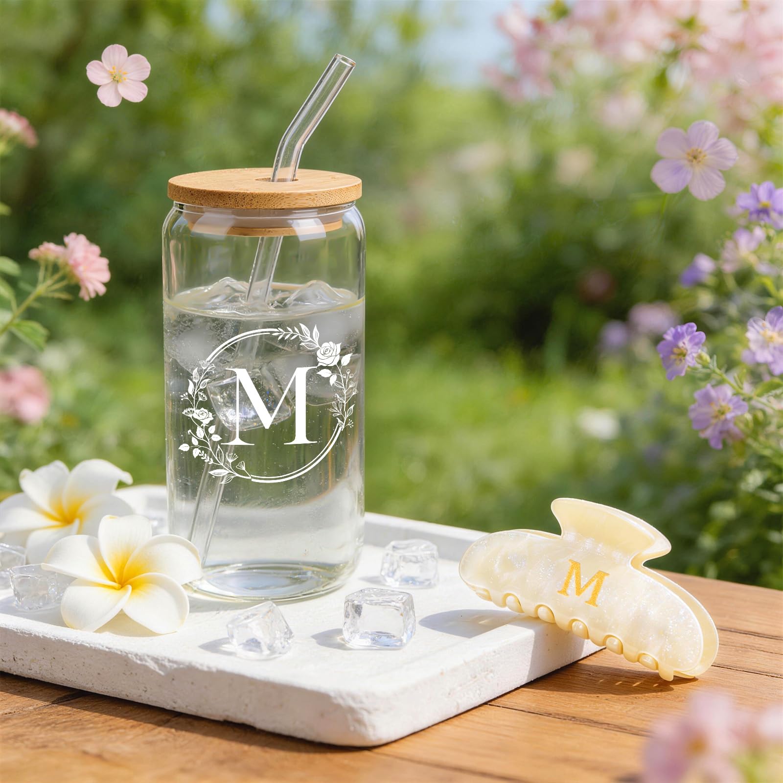 M Personalized Gifts for Women - Initial Cute Hair Clips + Glass Cups w/Lids Straws, Makeup Bag Monogrammed Gifts for Women，Unique Ideas Birthday Gift for Her, Christmas & Bridesmaid Gift