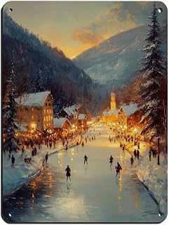 Winter Village Square With Ice-skating Rink - Rustic Christmas, Cottage, Snowy Festive Retro Poster Metal Tin Sign Chic Art Retro Iron Painting Bar People Cave Cafe Family Garage Poster Wall Decoratio