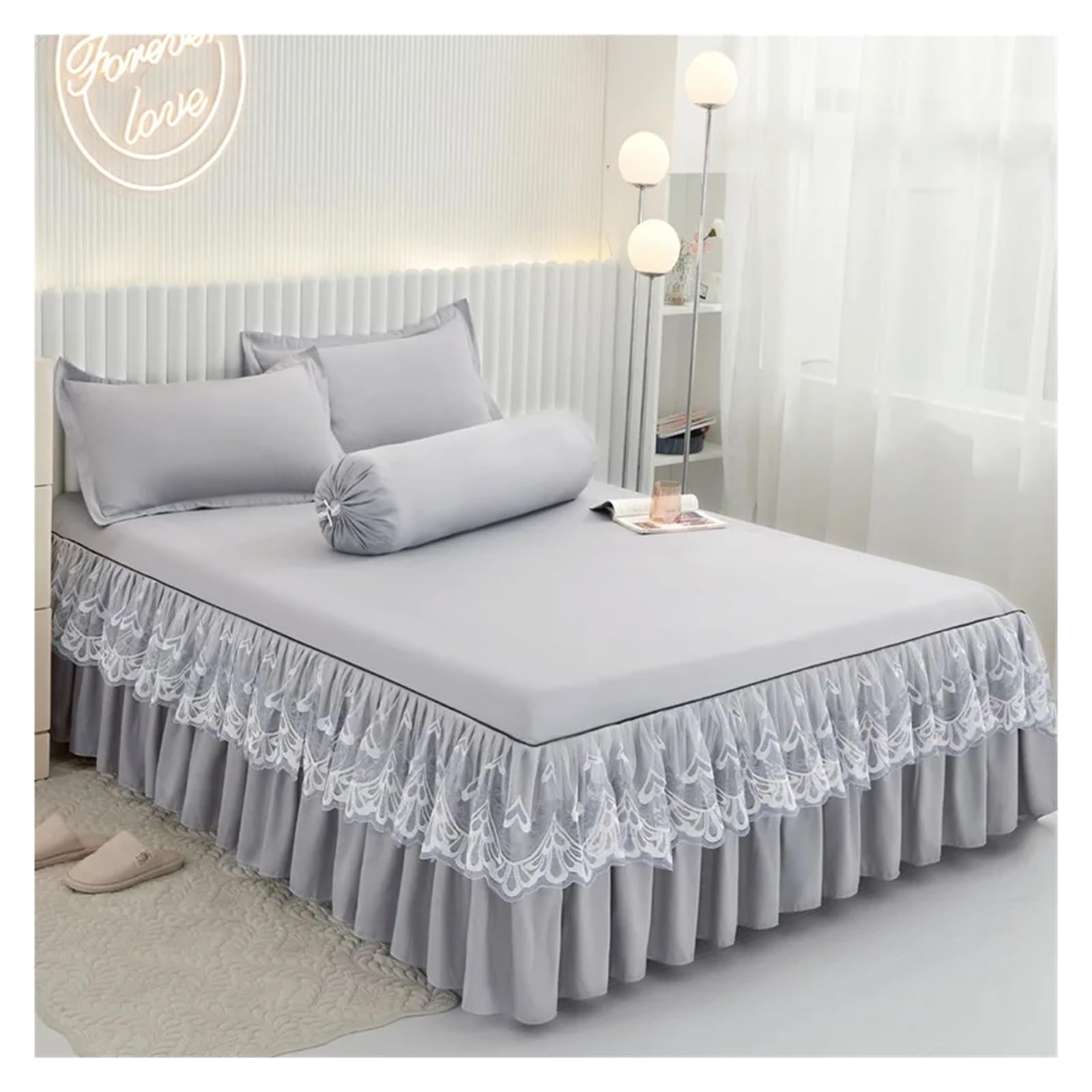 Ruffles Bed Skirt with Pillowcase Solid Mattress Cover Bedclothes Fitted Bed Sheet Single Double Size Home Textile(Gray,180x200cm-3pc)