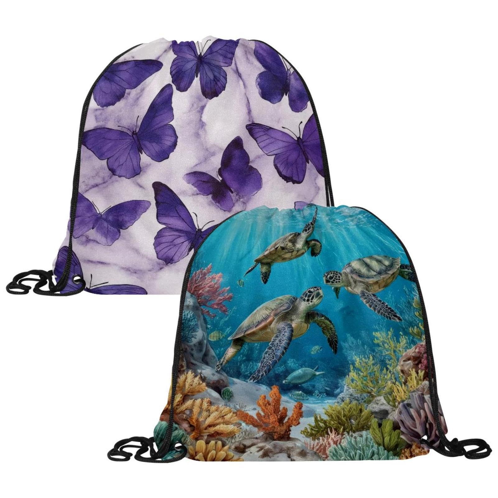 Luoweisi 2 Pcs Drawstring Bags, Ocean Turtles Swim PE Bags Drawstring Gym Bag for Kids Adults String Swimming Sports Backpack for School Sports Swimming Gym Travel