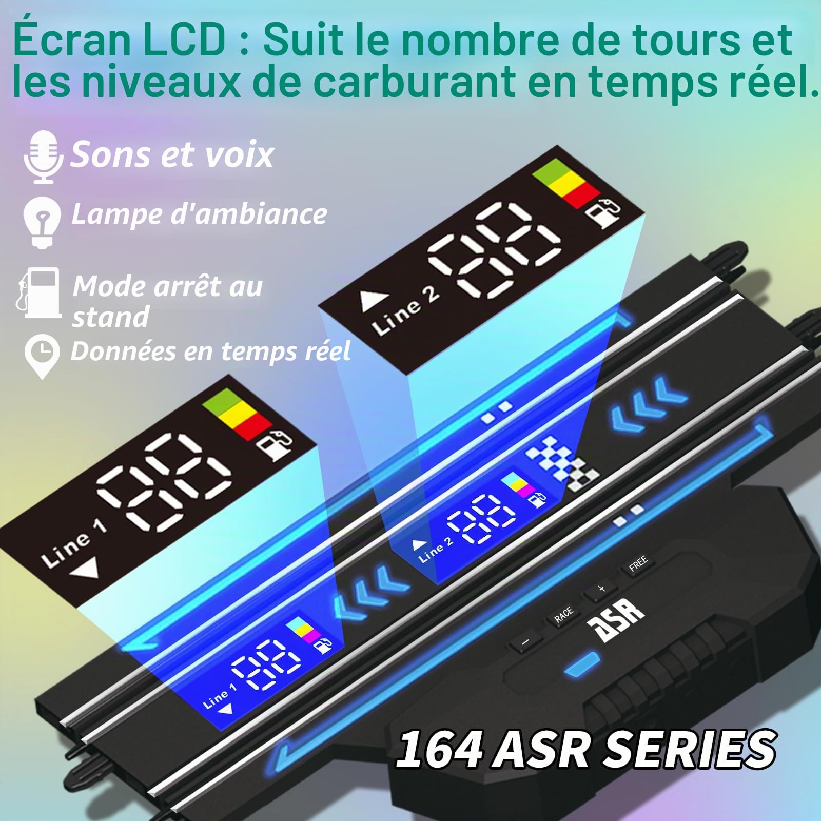 Set de Course de Voitures Slot avec Affichage des Tours à LED, Retour Vocal, 4 Voitures sous Licence, Piste de 13,5 m (44 Pieds), alimenté électriquement ou par Batterie pour Enfants et Adultes