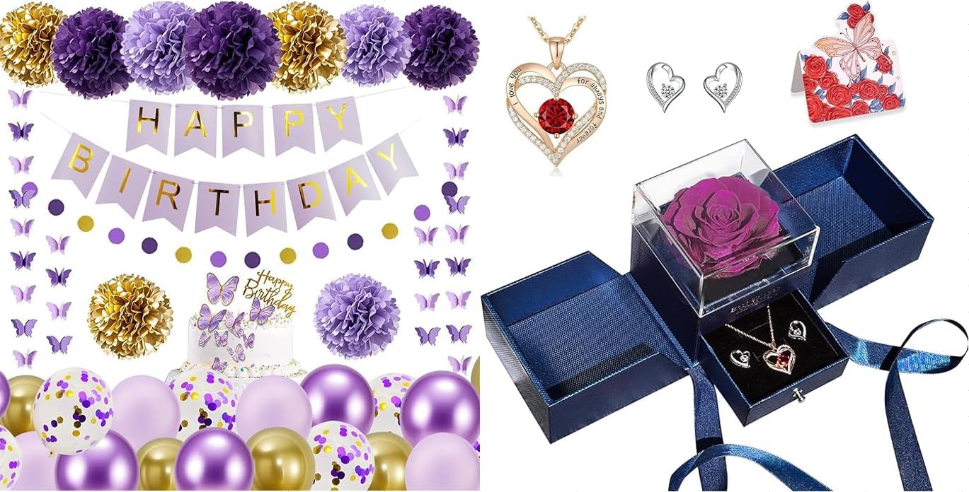Preserved Purple Rose Jewelry + 40pcs Purple Gold Decor – Romantic Birthday for Her