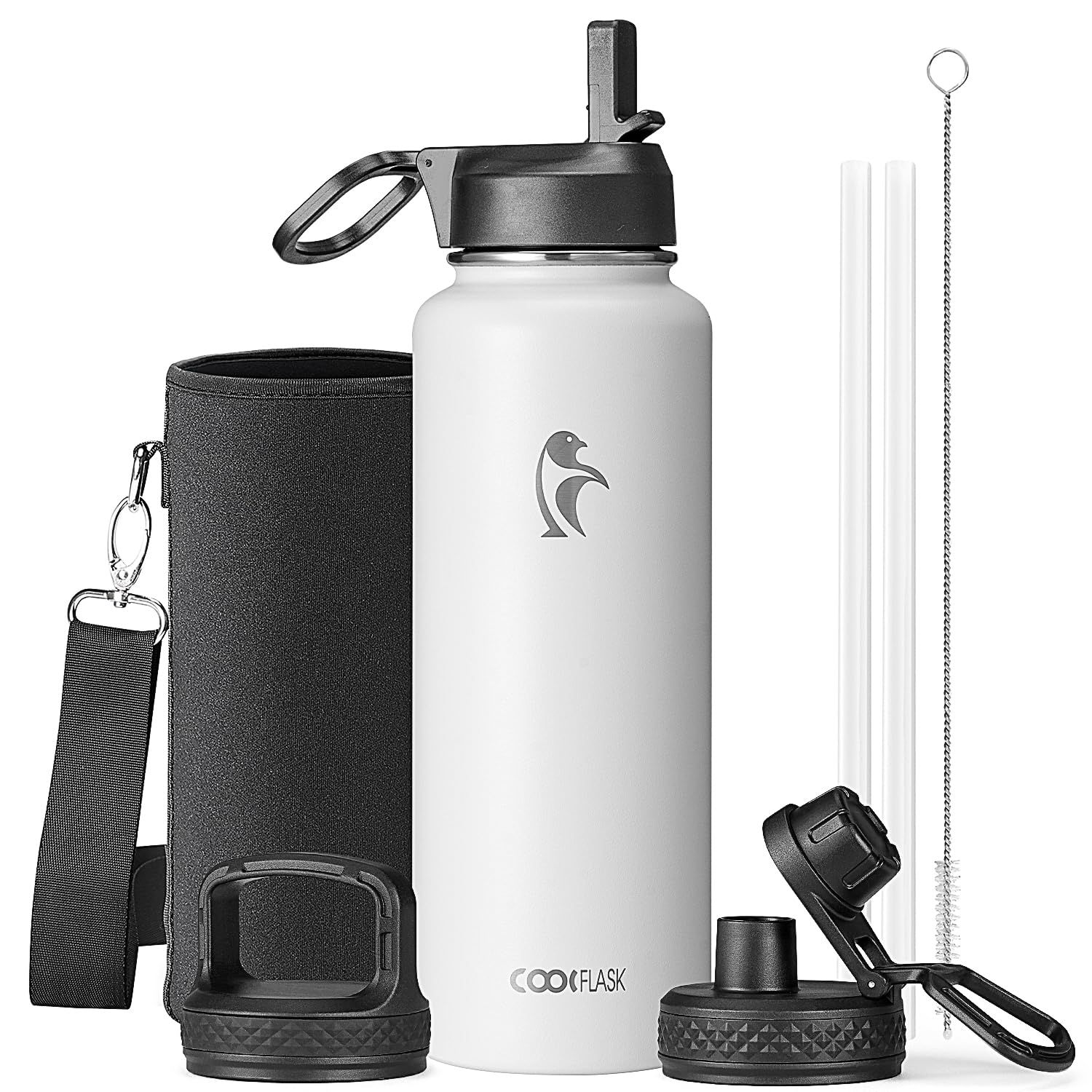 Coolflask Water Bottle 1.2L Insulated with Straw, Stainless Steel Metal 3 Lids Water Flask for Sports or Office, Keep Cold 48H Hot 24H, White