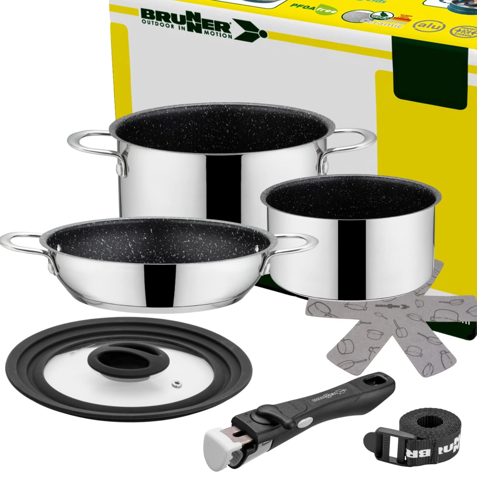 Amazon.de: BRUNNER: Camping Topf-Set Edelstahl (Kochtpfe, Bratpfanne &  Griff)  20 cm - ACADEMY NG 5+1 Teilig - Elektro-Herd, Gaskocher, Induktion  & Keramikkochfeld - Fr 1-2 Personen