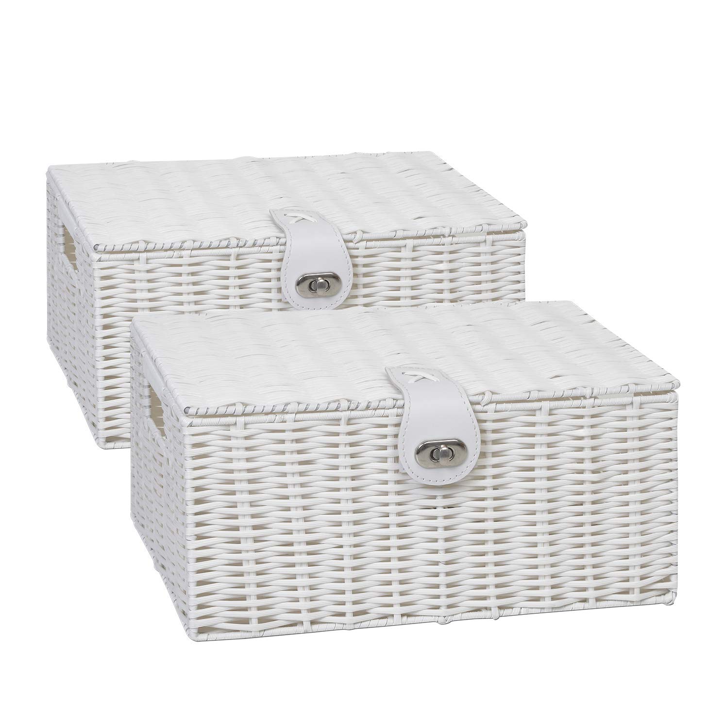 2 x Arpan Resin Woven Storage Hamper Basket Box with Lid & Lock (White - Medium)