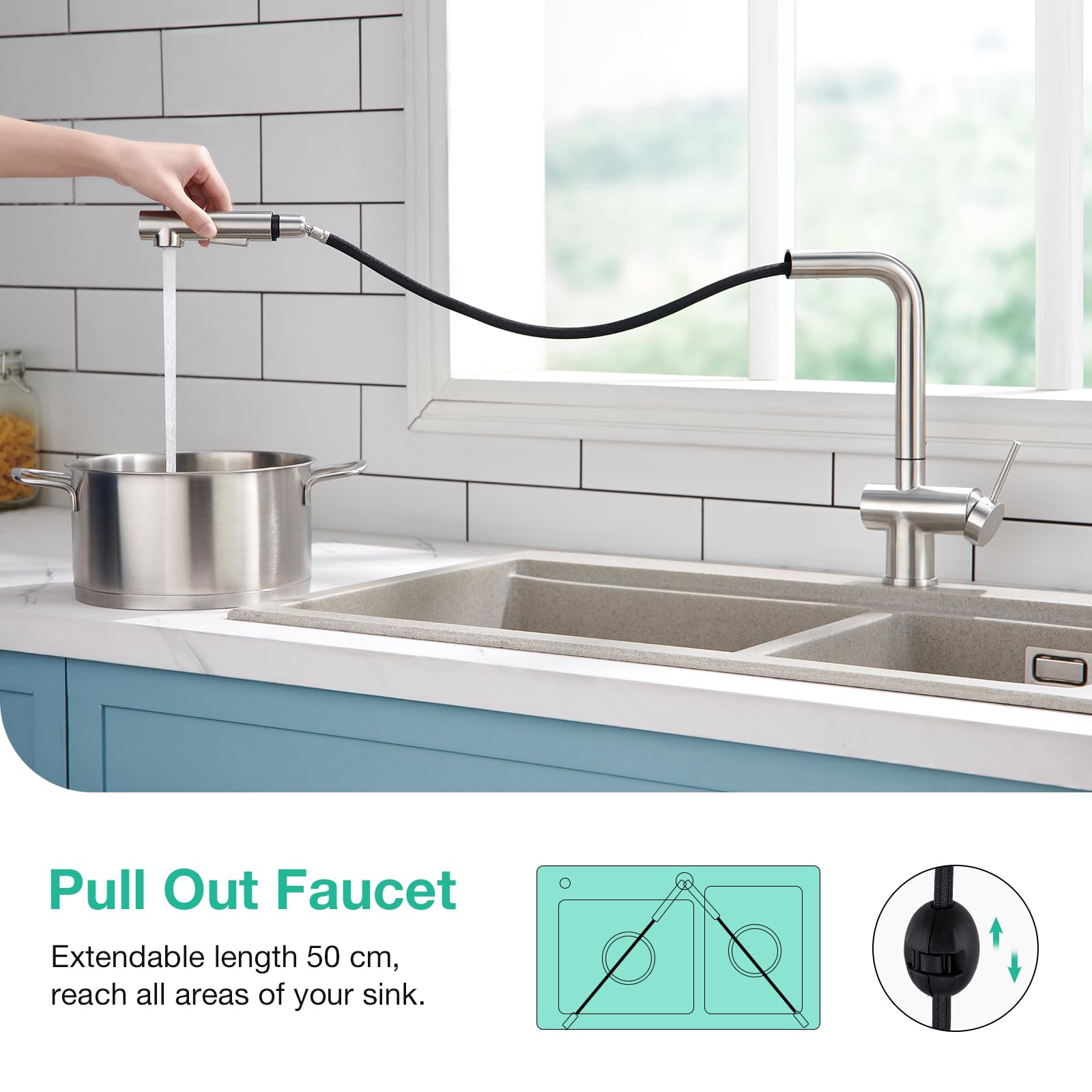 Faustina Grifo para Fregadero de Cocina Extraíble, Mezclador Monomando, cepillado