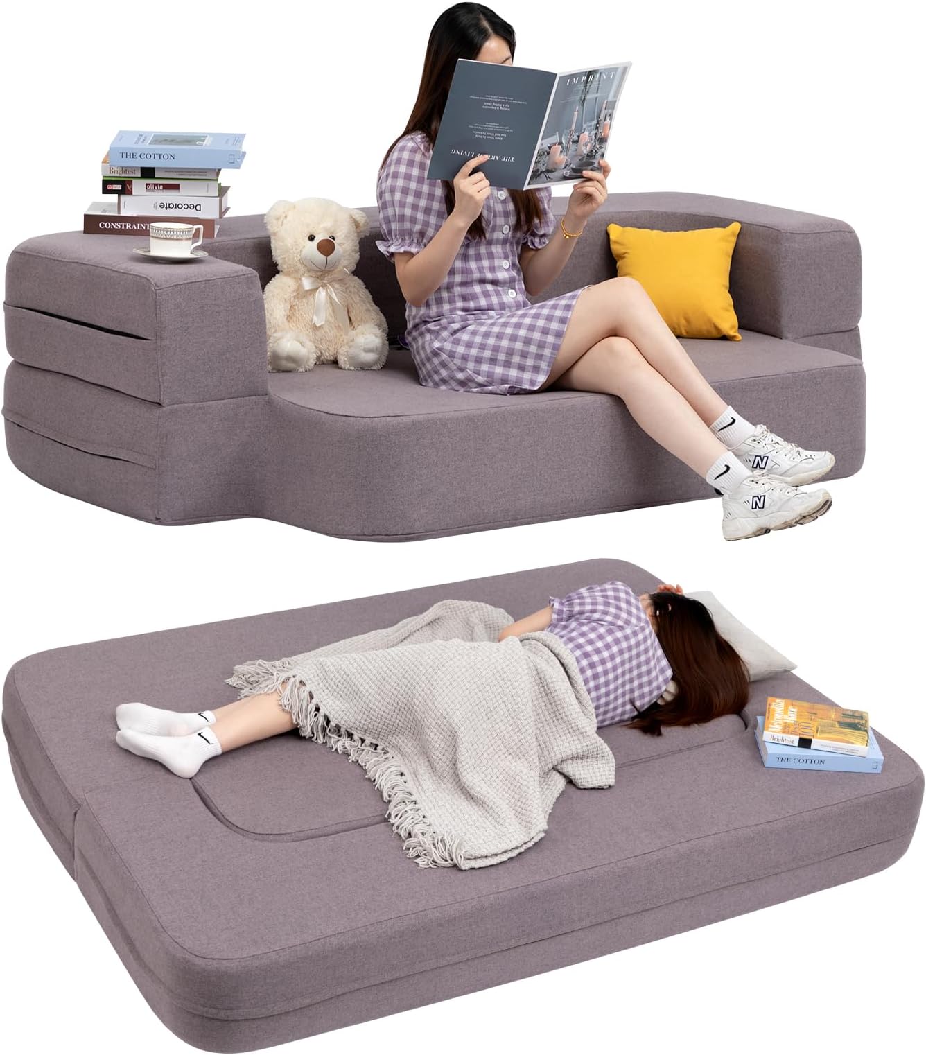 HollyHOME Folding Sofa Bed Couch Queen, 10"(H) Memory Foam Mattress, Fold Out Futon Sofa Sleeper Chair Bed for Guest, Comfy Floor Sofa/Guest Bed for Bedroom, Living Room, (L)74.8"x(W)54", Dark Grey