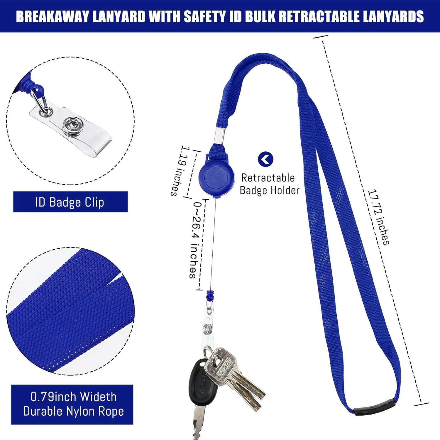 Windyun 120 Pcs Breakaway Lanyard with Safety ID Bulk Retractable Lanyards Flat Neck Straps (Blue)