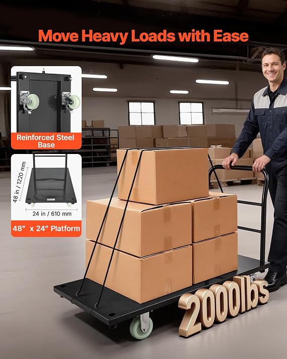 VEVOR Heavy Duty Platform Truck, 2000 LBS Industrial Steel Flatbed Cart with 360 Swivel Wheels, Platform Push Cart Dolly, Easy Storage for Warehouse/Garage/Moving/Garden (48 x 24 x 32) | Platform Truck with 360 Swivel Wheels, Foldable Push Cart Dolly, Easy Storage for Warehouse/Garage/Moving/Garden