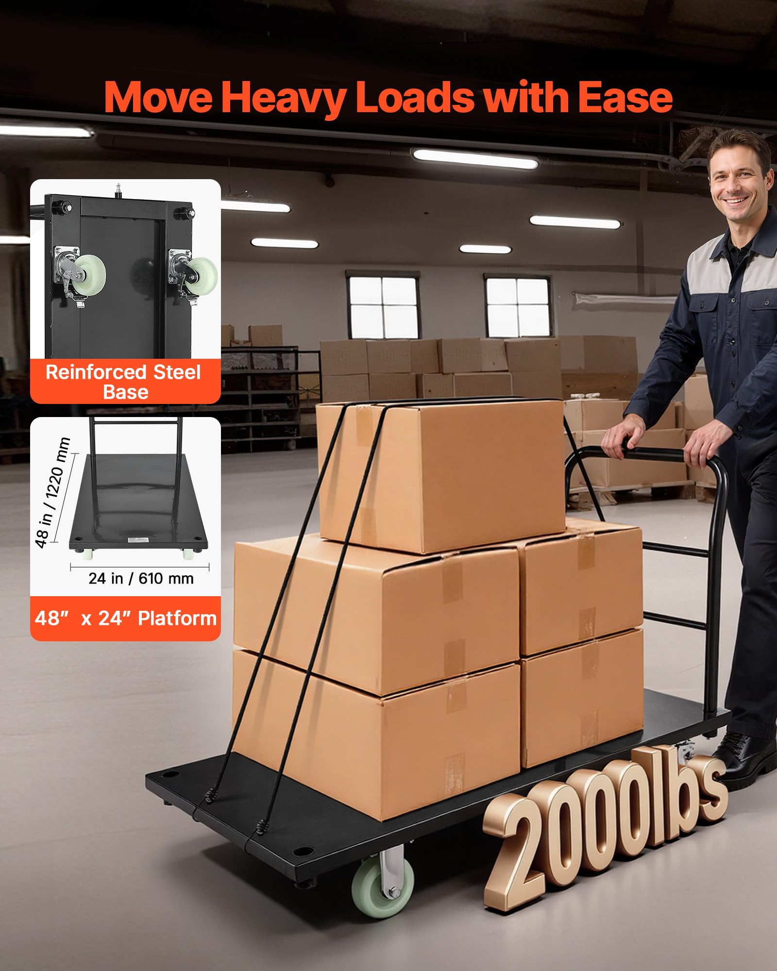 VEVOR Carrello a Piattaforma per Carico Industriale Capacità max. 907,18 kg, Carrello Industriale in Acciaio con Ruote Girevoli e Maniglia, Pianale a Spinta Manuale per Trasporto Merci Pacchi