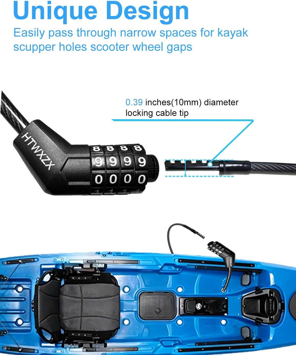 Weatherproof Long Straight Cable Lock (12ft) with Resettable Combination, Unique Thin Lock Design, Anti Theft Combination Lock for Kayaks, Paddle Board, Bicycle, Scooter, Skateboard, Outdoor Equipment