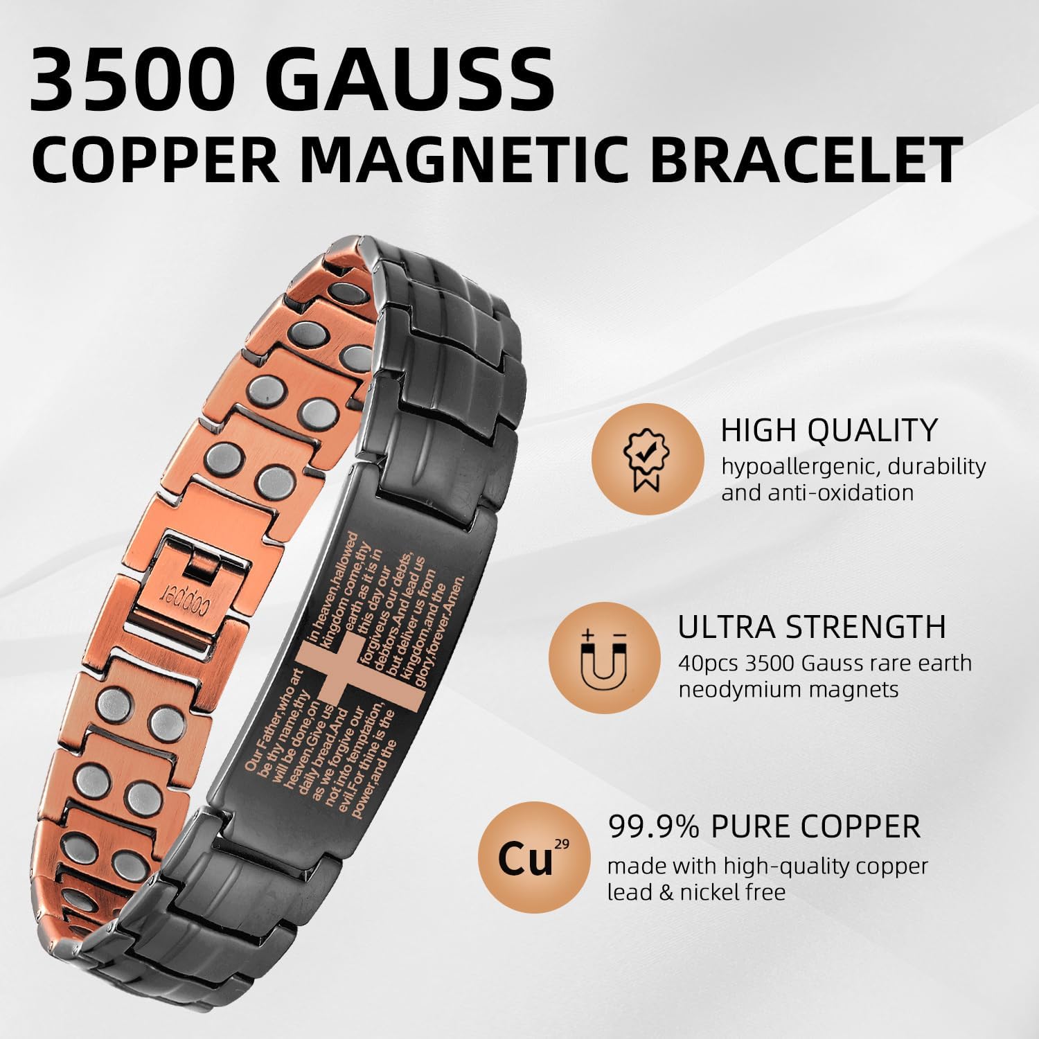 MagEnergy Copper Cross Bracelet for Men - Ultra Strength Magnetic Copper Mens Cross Bracelets - Adjustable Copper Bracelet with Sizing Tool Jewelry Box(Black) - Image 2