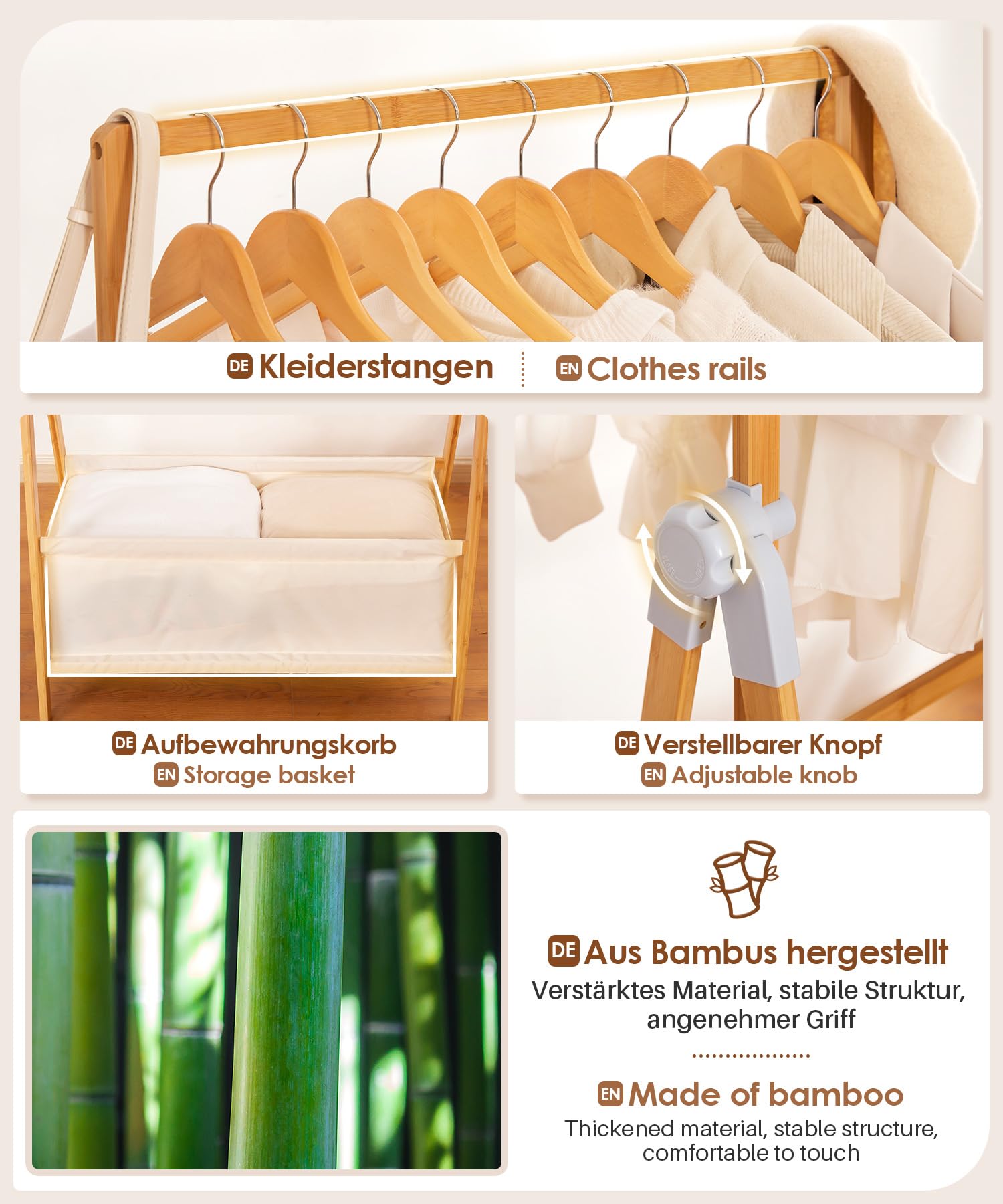 Yorbay Kleiderstnder Bambus Garderobenstnder mit Aufbewahrungskiste,  Freistehender Kleiderstange mit Stoffsckchen, Faltbarer Garderobe zum ...