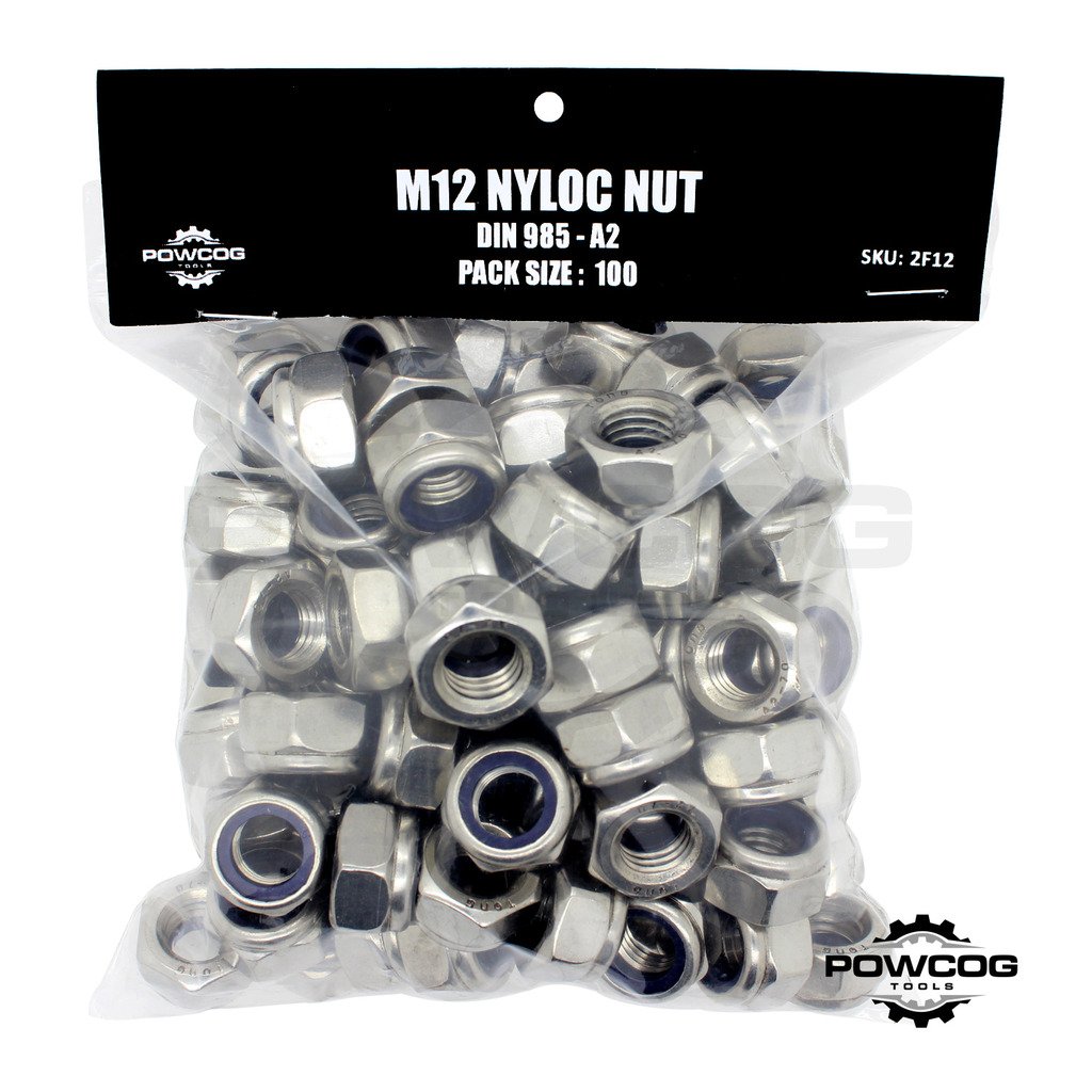 M12 NYLOC NUT - A2 Stainless Steel Lock Nuts Grade 304 Metric - DIN 985 - by POWCOG® - Pack of 100