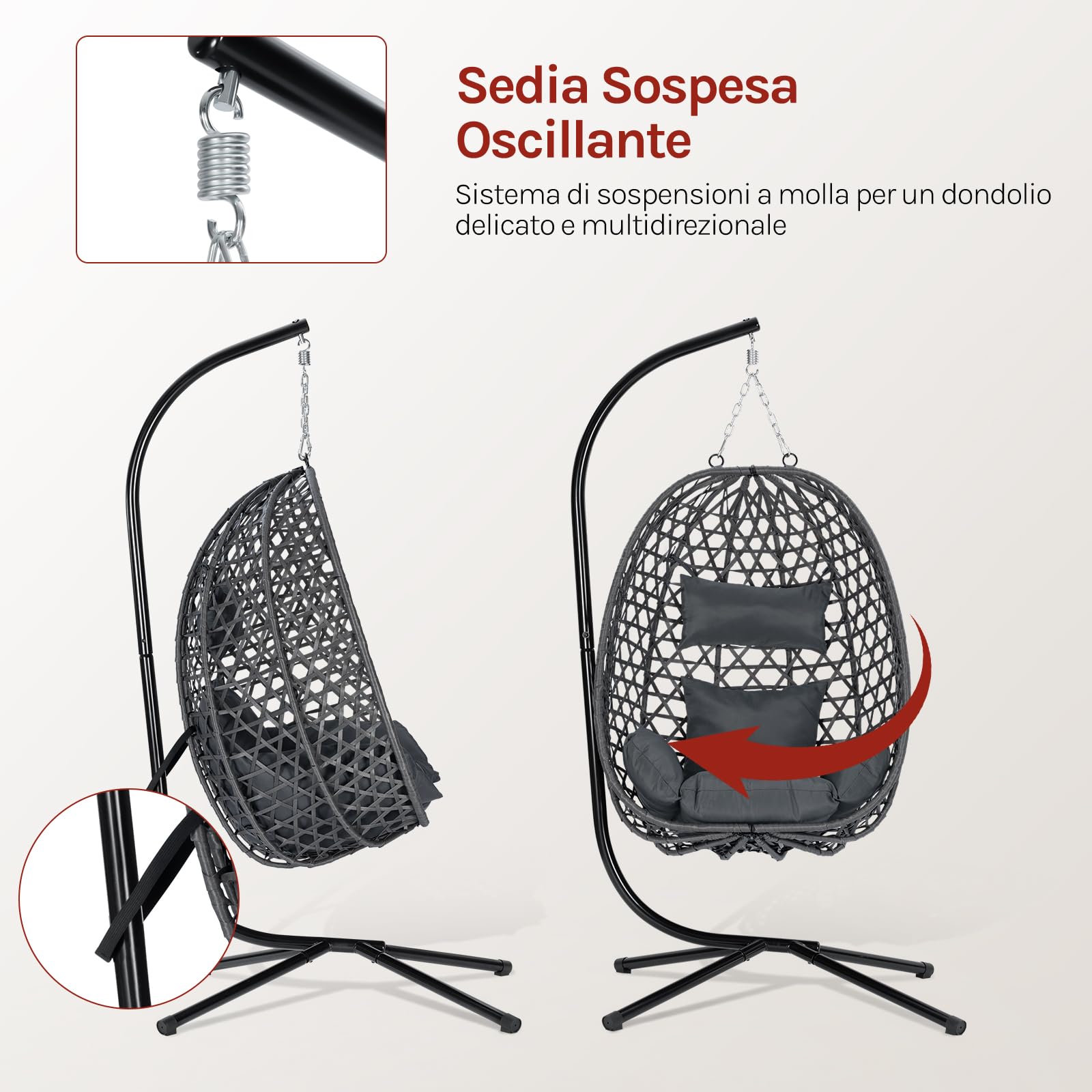 WOLTU Poltrona Sospesa a Uovo con Supporto in Metallo, Cuscino e Poggiatesta, Rattan PE, 102x100x196 cm, Grigio