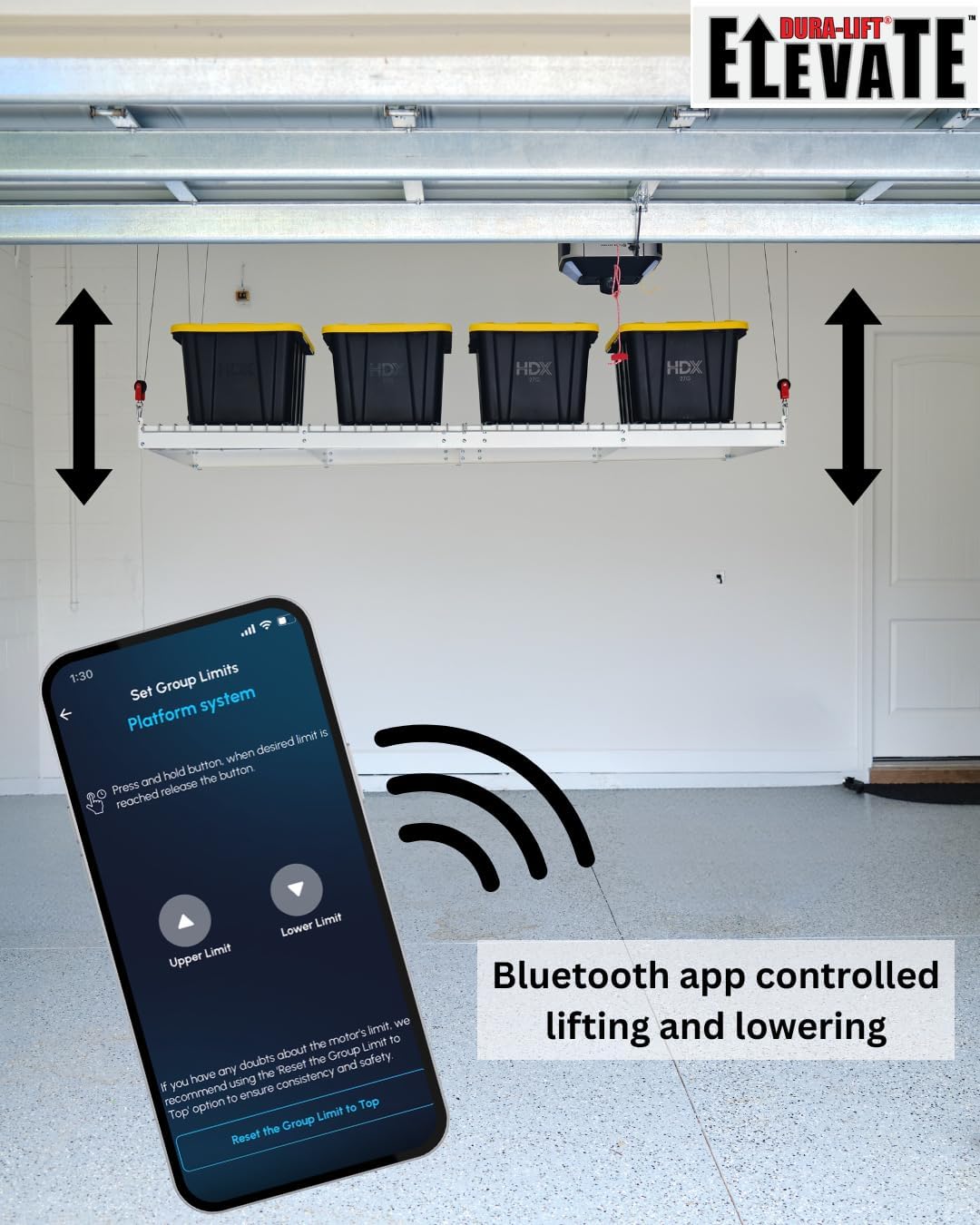 DURA-LIFT Elevate 4x8 Motorized Overhead Storage Lift for Garage Ceiling, Electric Storage Rack with Bluetooth App Control