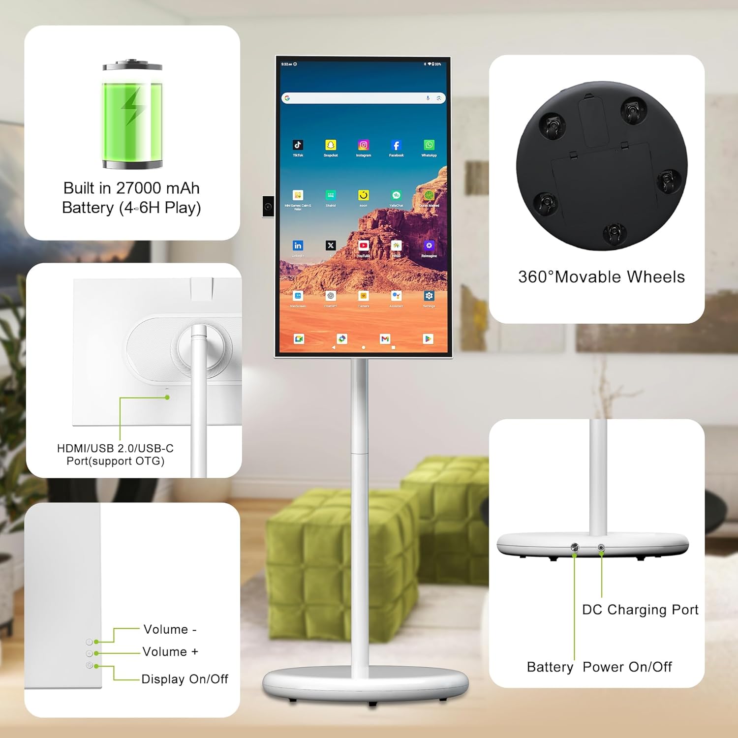 Smart Portable TV, 27 Inch FHD Touch Screen Monitor on Wheels, Android 15, 6GB +128GB, Wireless Movable Display, EDLA-Certified, 5MP Camera, Speaker, 27,000 mAh Battery, HDMI, Voice Remote Control