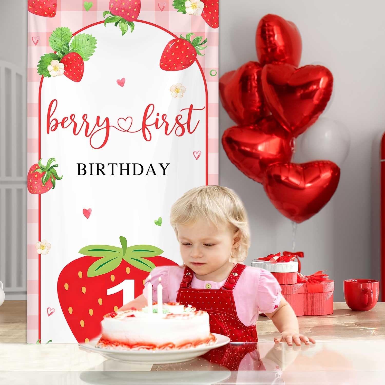 MEHOFOND Berry First Birthday Banner Decoration, Strawberry 1st Birthday Door Cover, Berry Theme Birthday Party Photography Background Cake Smash Photo Booth Props - Image 2
