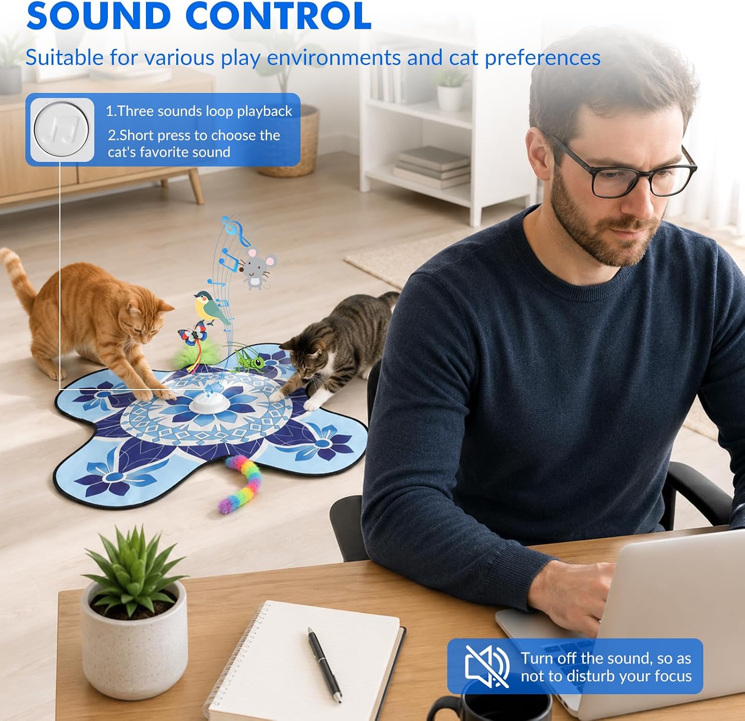 Wortade 3in1 Interactive Hide-and-Seek Cat Toy, Rotating, Blue | Moving Concealed Wand Feather,Automatic Fluttering Butterfly,Cat Stimulation,Touch Activated,Mouse Squeaky,1800mAh Battery