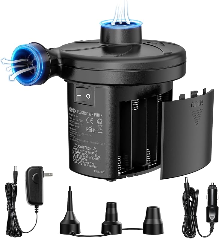 Dr.meter Bomba de aire eléctrica para colchón de aire de 3 vías con 3 boquillas | AC 110 V, DC 12 V, inflador de llenado rápido con pilas para flotador inflable de pileta, cama de aire, barco, anillo de natación