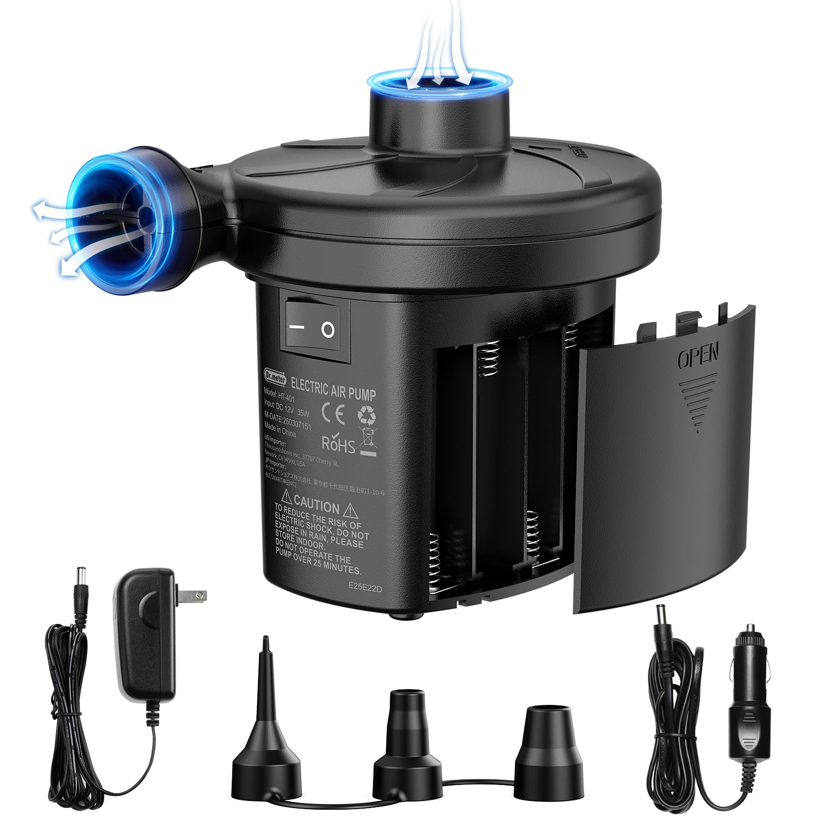 Air Mattress Pump, 3 Ways Powered Portable Electric Air Pump with 3-Nozzle AC 110V, DC 12V, Battery Operated Quick-Fill Inflator Deflator for Inflatable Pool Float Air Bed Boat Swimming Ring