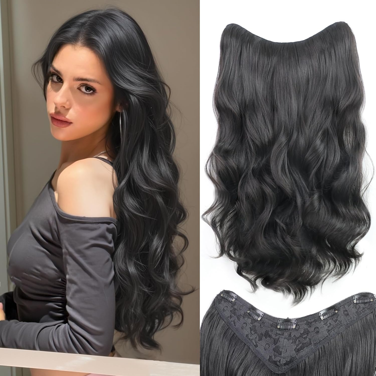 One Piece Clip in Hair Extensions XIXISNOW 24 Inch U-Shaped Long Natural Black Synthetic Soft Less Tangling Invisible Wavy Clips on Harpieces For Women