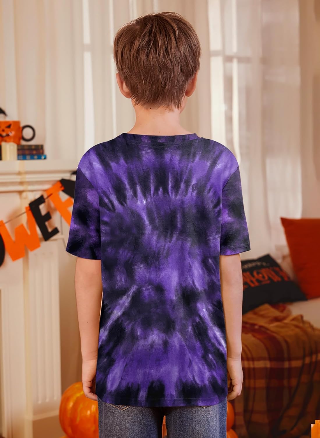 Little Boys Girls Spooky Halloween Ghost Top Tie Dye Short Sleeve Pumpkin Shirt Purple 5-6 Years - Image 6