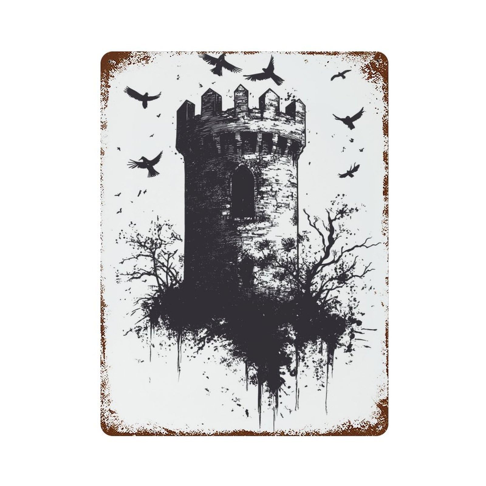 Gothic Tower with Crows Aged Metal Wall Plaque 15.7"x11.8", Decorative Metal Wall Art for Garage, Pub Or Kitchen