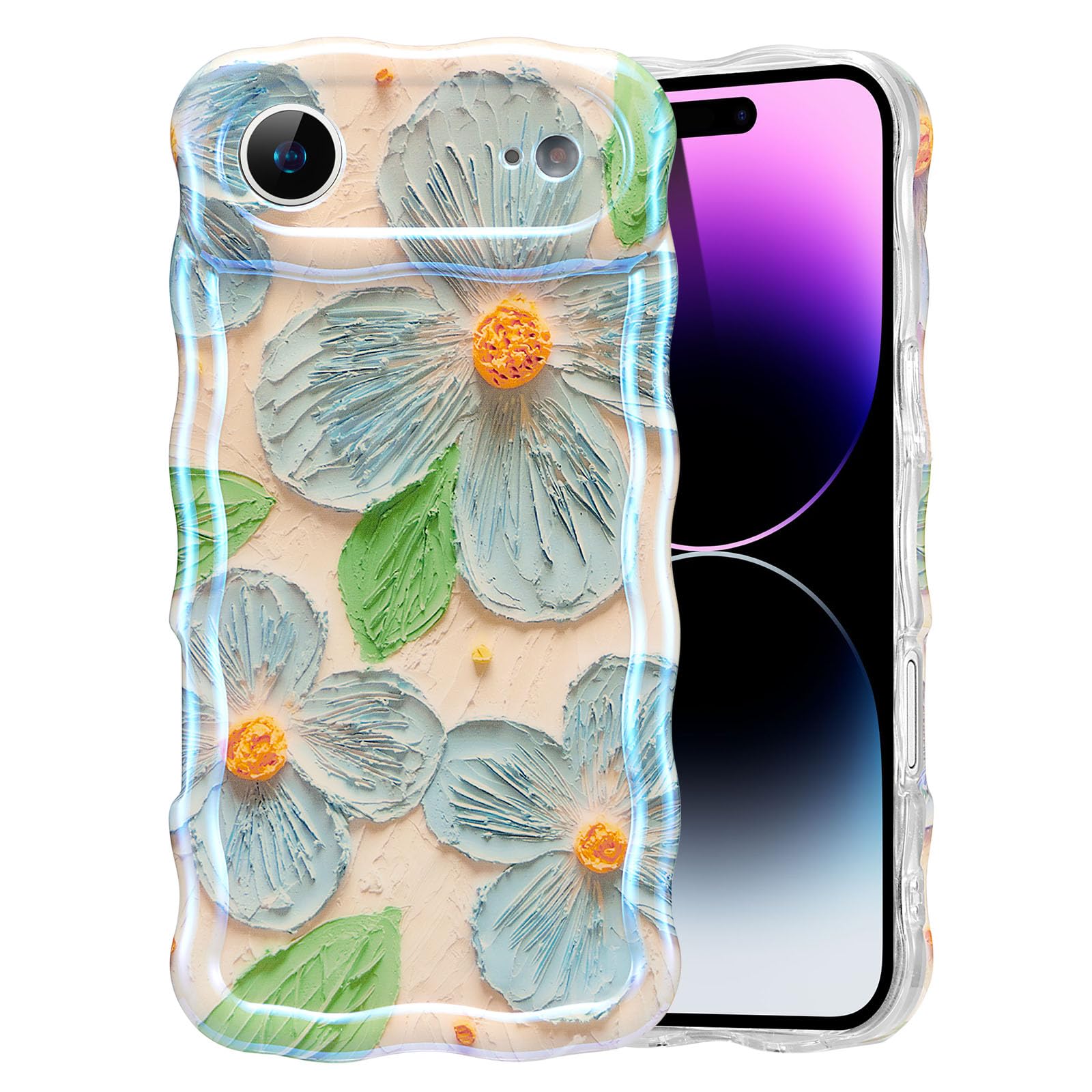EYZUTAK Case for iPhone 15, Colorful Retro Oil Painting Flower Laser Beam Glossy Pattern Cute Curly Waves Border Exquisite Phone Cover Stylish Durable Soft TPU Protective Case for Girls Women - Green — view 105