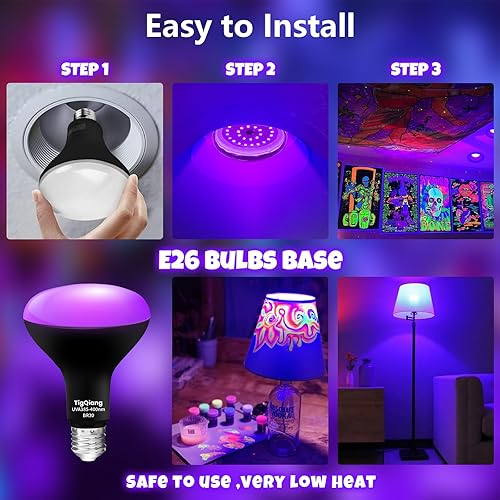 Miniatura 6 de Paquete de 6 bombillas negras, equivalente a 120 W, bombilla LED negra E26 BR30 de 385-400 nm para decoraciones de Navidad de Halloween, pintura