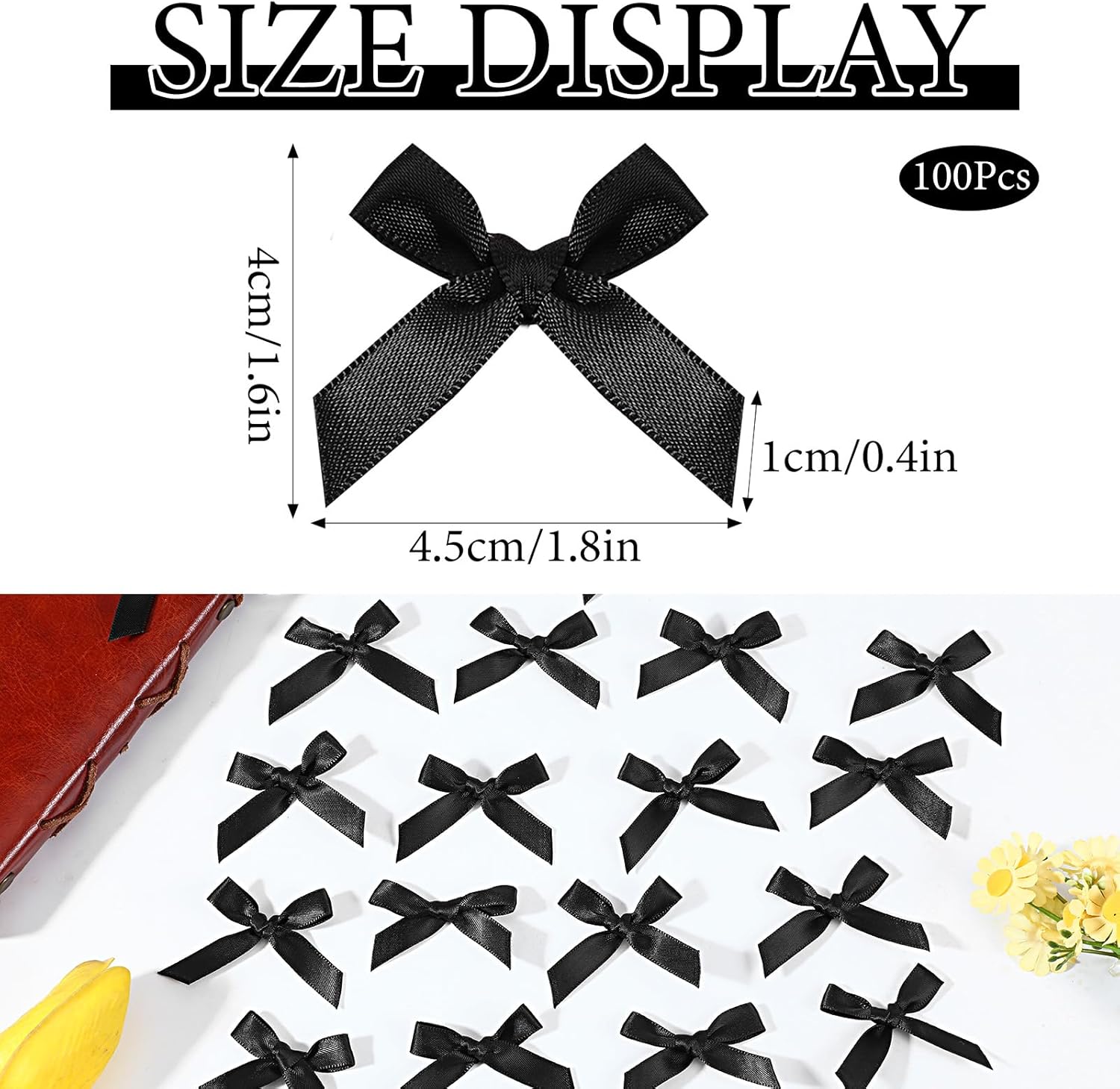 100 Pcs Satin Fabric Mini Black Bows, 1 Inch Ribbon Bows for DIY Crafts, Sewing, Scrapbooking, Gift Wrapping, Hair Accessories, Wedding & Birthday Party Favors, Black Christmas Tree Decor - Image 2
