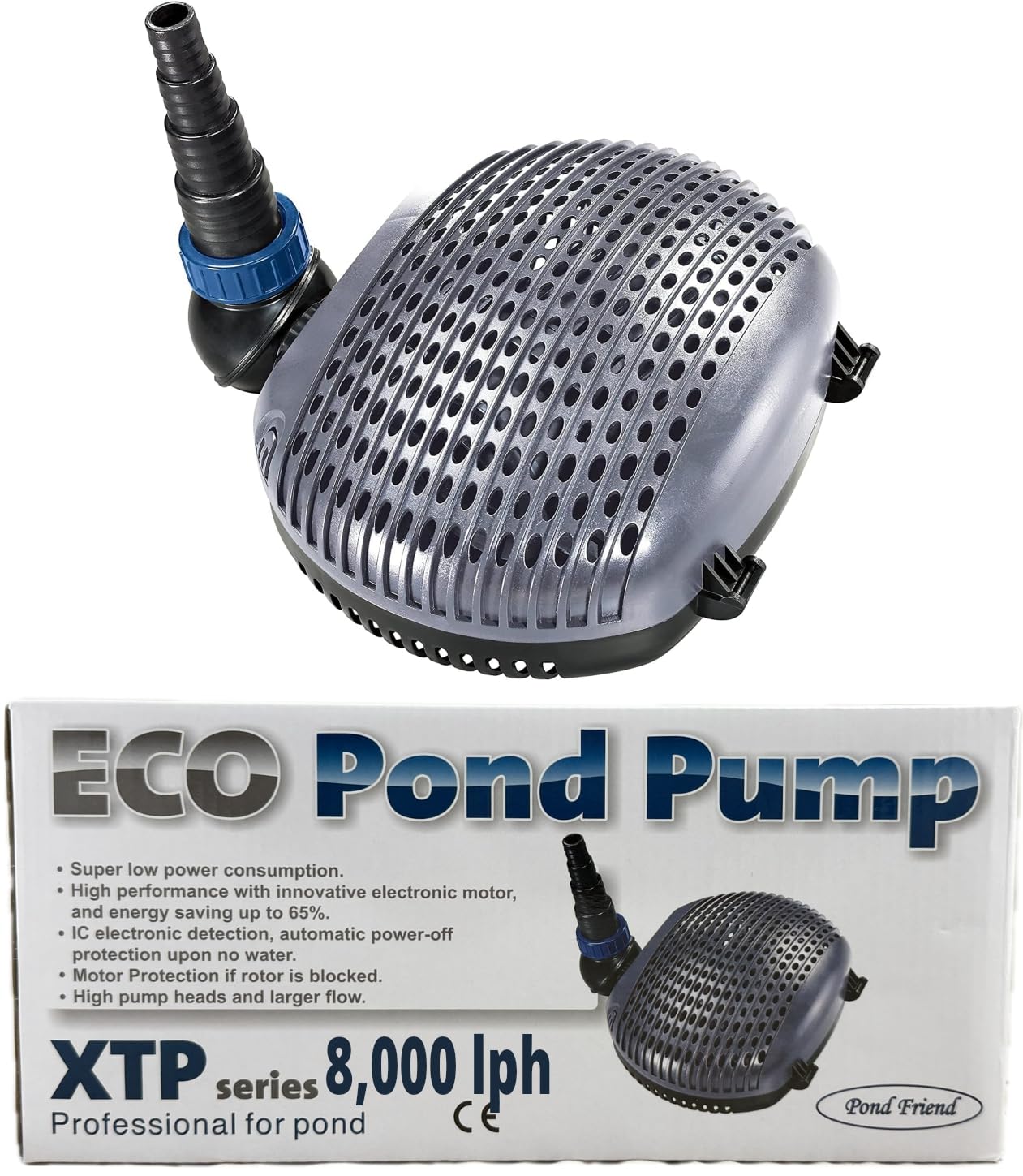 Pond Friend XTP 8000 Eco Pond Filter Pump, Low Wattage Energy Saving Submersible Water Pump for Fish Ponds, Waterfalls and Filters, 8000 LPH, 50W