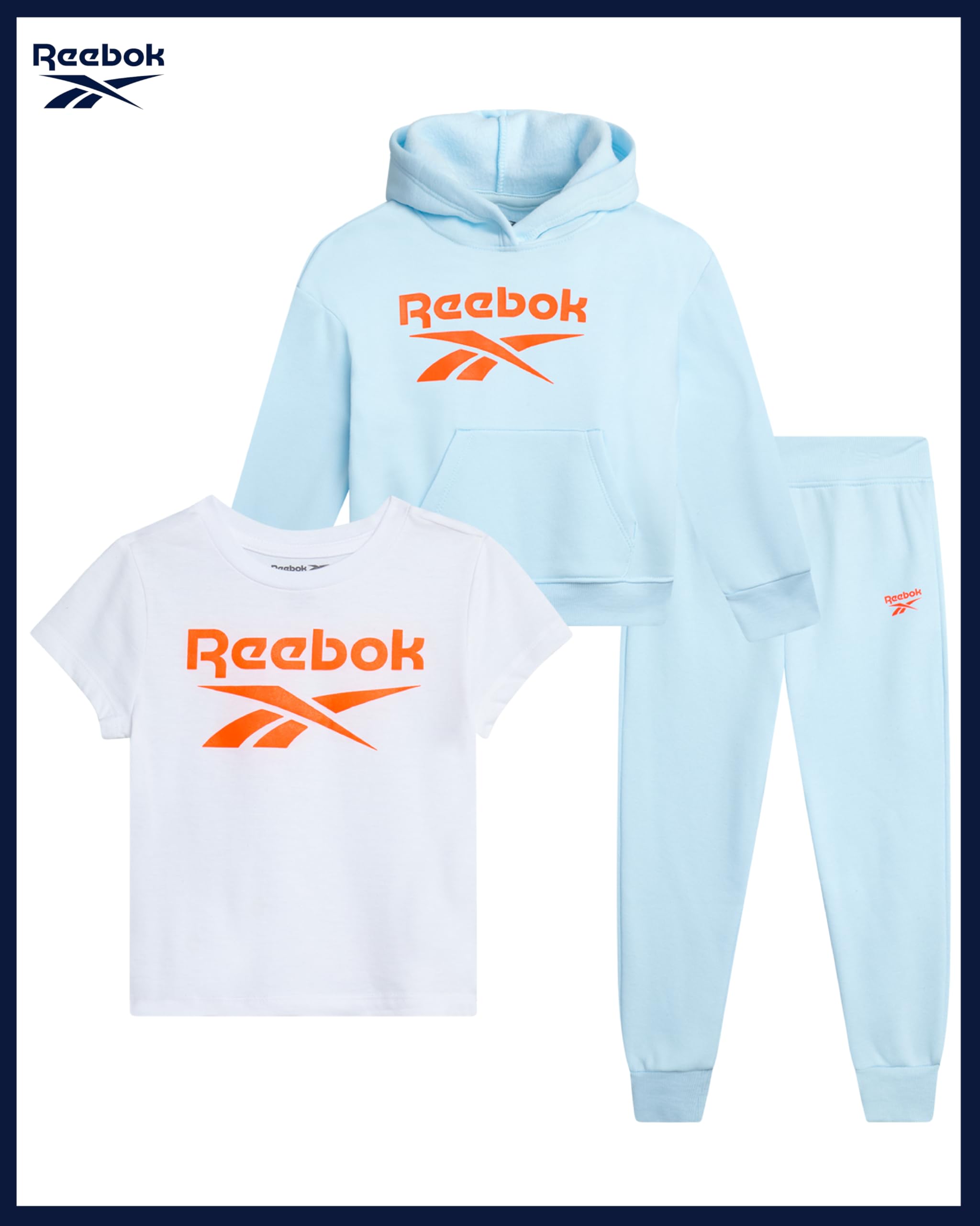 Reebok Conjunto de ropa deportiva para bebés y niñas pequeñas, conjunto de 3 piezas de sudadera con capucha y pantalones deportivos para niñas